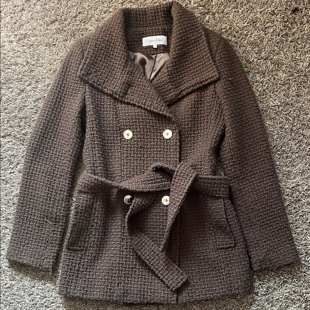 Calvin Klein Women's Textured Brown Pea Coat Winter Autumn Formal Fashion - Picture 1 of 9